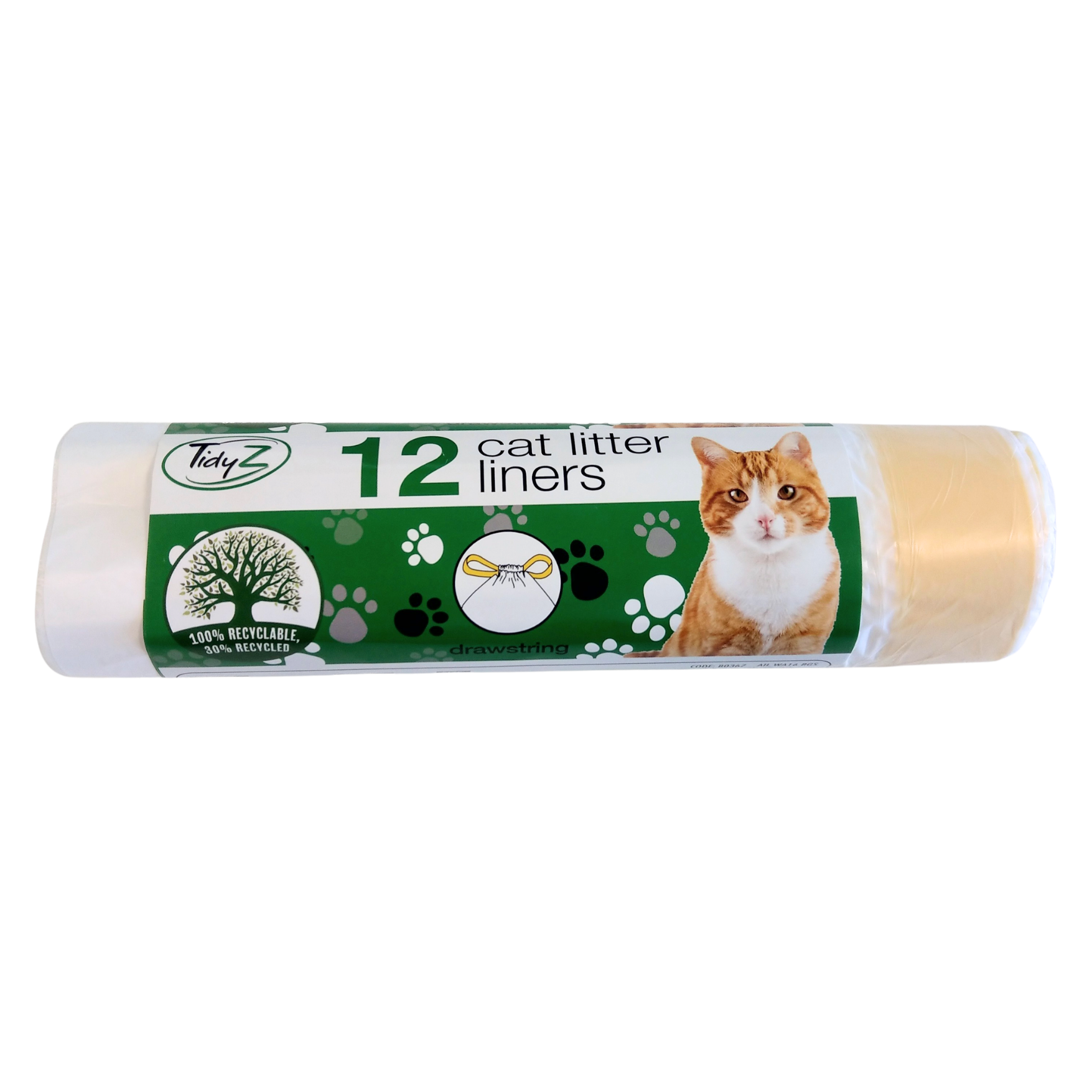 Roll of cat litter liners with a cat on the label against a white background