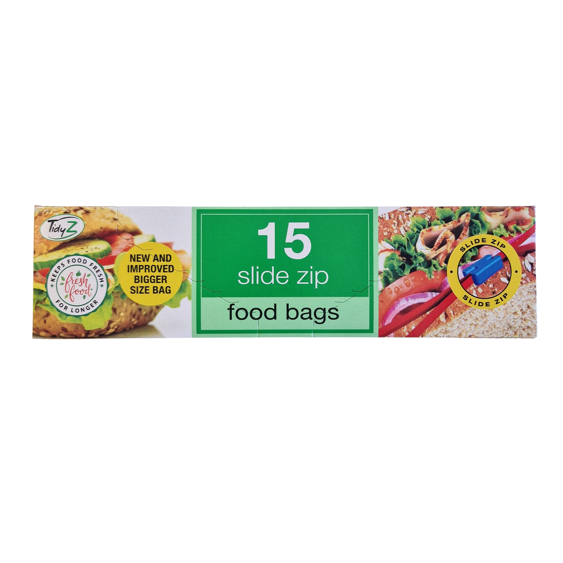 Pack of 15 slide zip food bags with images of sandwiches on a white background