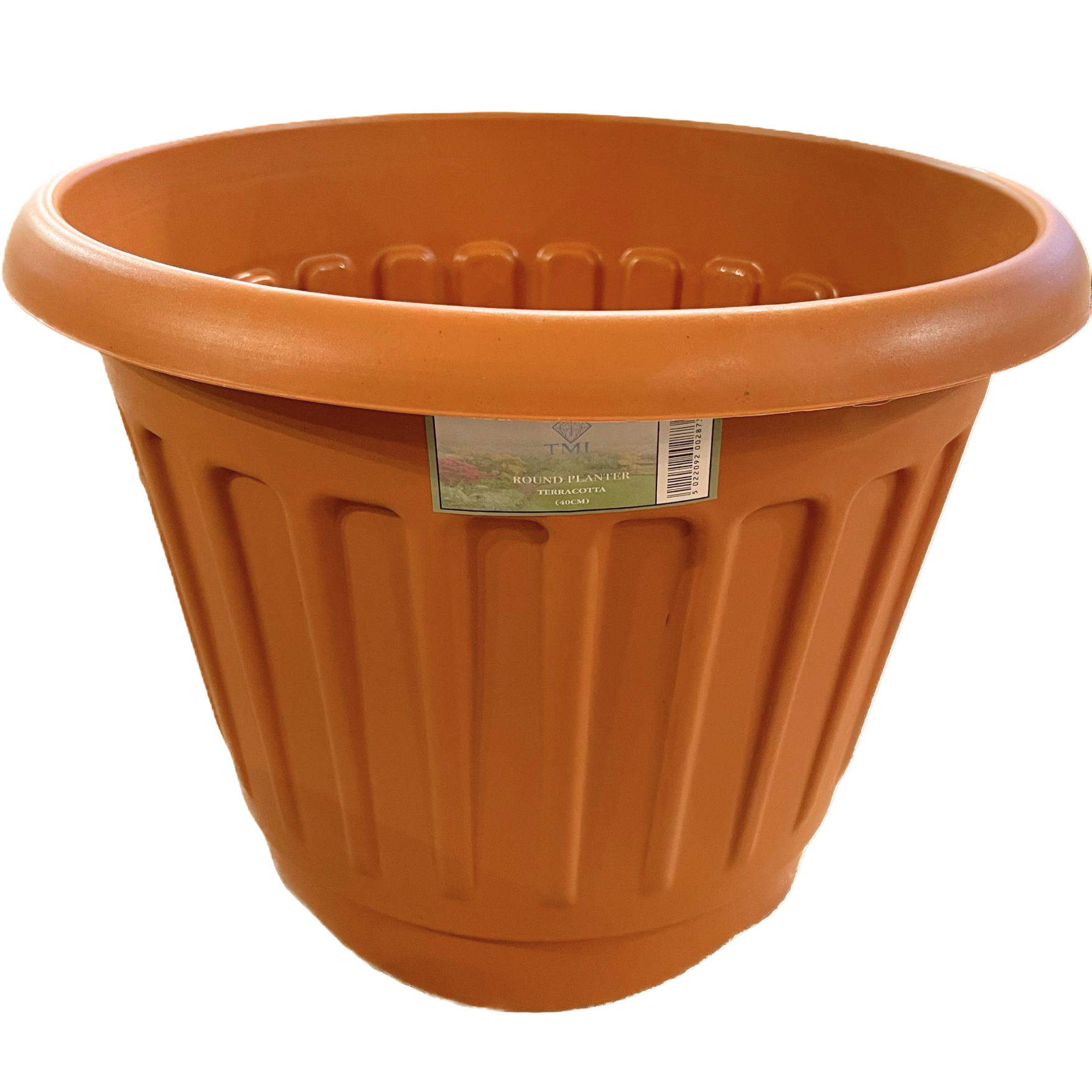 Terracotta-colored planter with a visible brand label on a white background