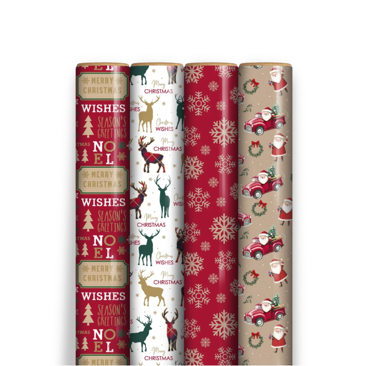 Four rolls of Christmas-themed wrapping paper standing upright side by side on a white background. The designs include red and gold holiday greetings, white with black and gold reindeer, red with gold snowflakes, and beige with Santa in red cars.