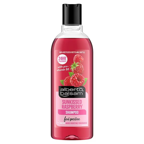 Shampoo bottle with raspberry flavor on a white background