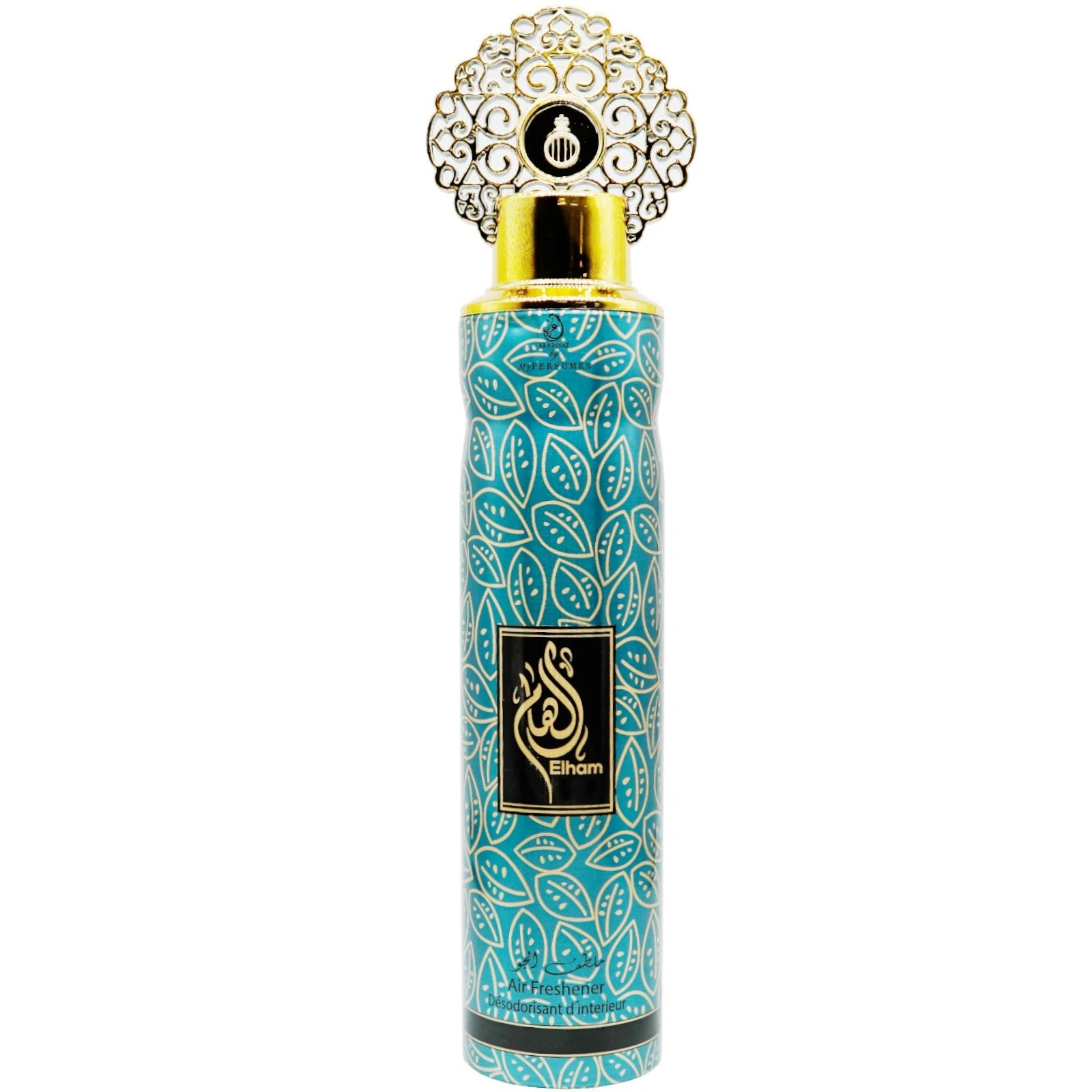 Perfume bottle with decorative design and gold cap on a white background