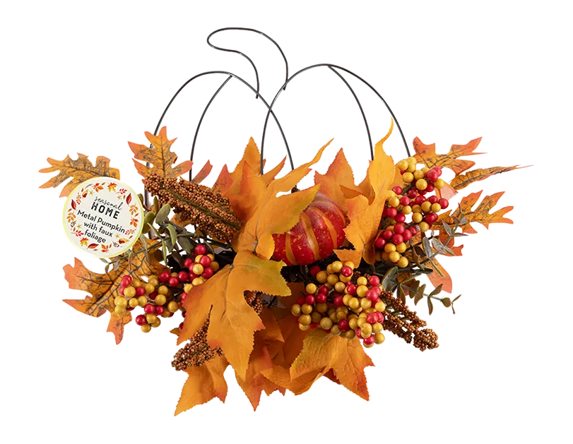 Autumn Hanging Metal Pumpkin with Foliage