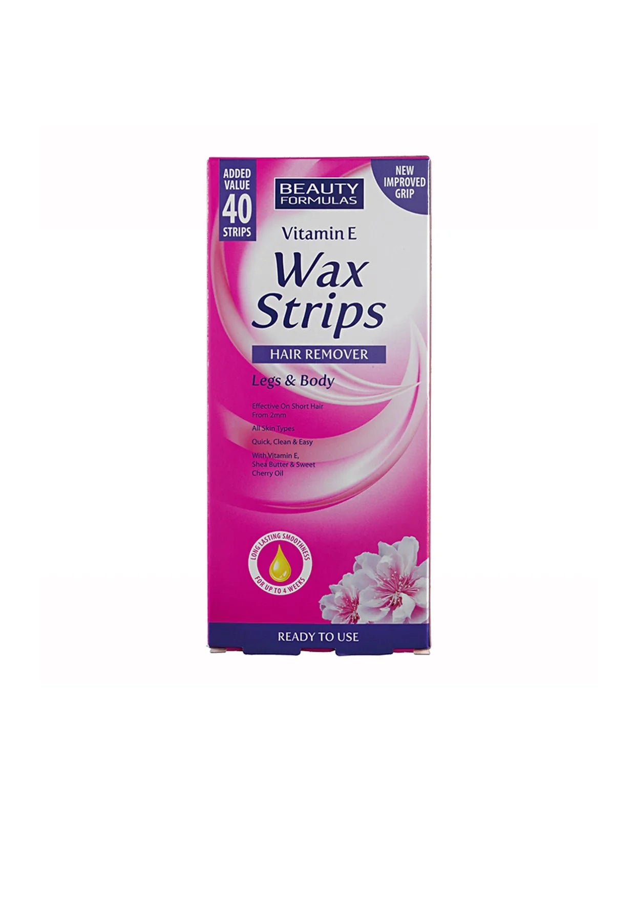 Box of Beauty Formulas Vitamin E Wax Strips on a white background