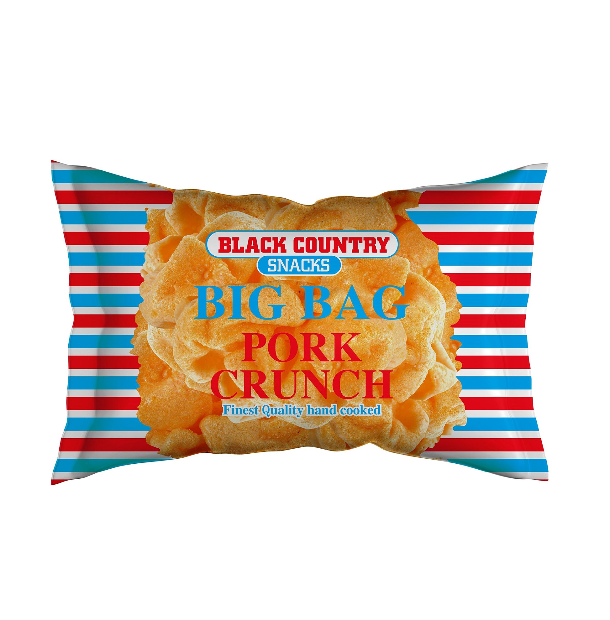 Packaged snack with 'Black Country Snacks Big Bag Pork Crunch' text on a striped background