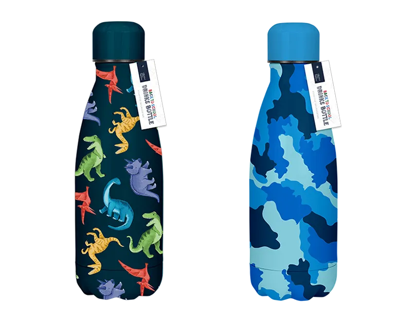Boys Printed Metal Water Bottle Dinosaur / Camo 350ml