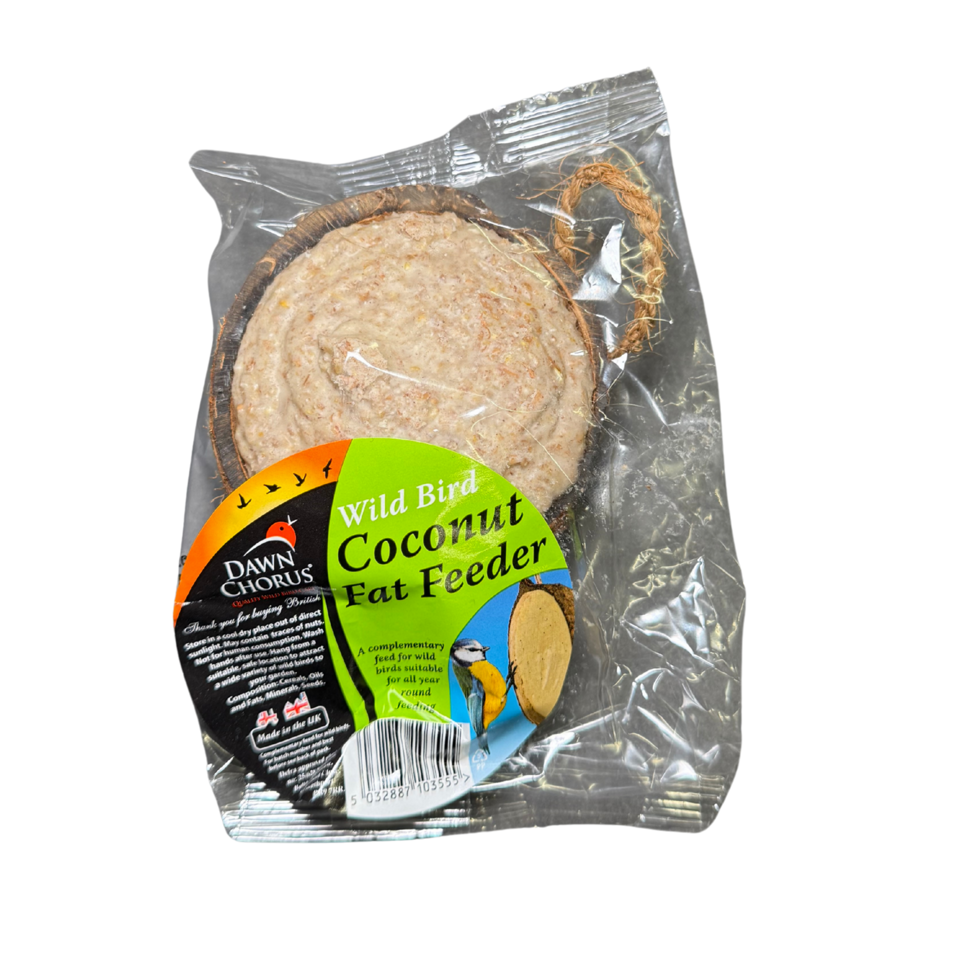 Packaged wild bird coconut fat feeder with visible label on a white background