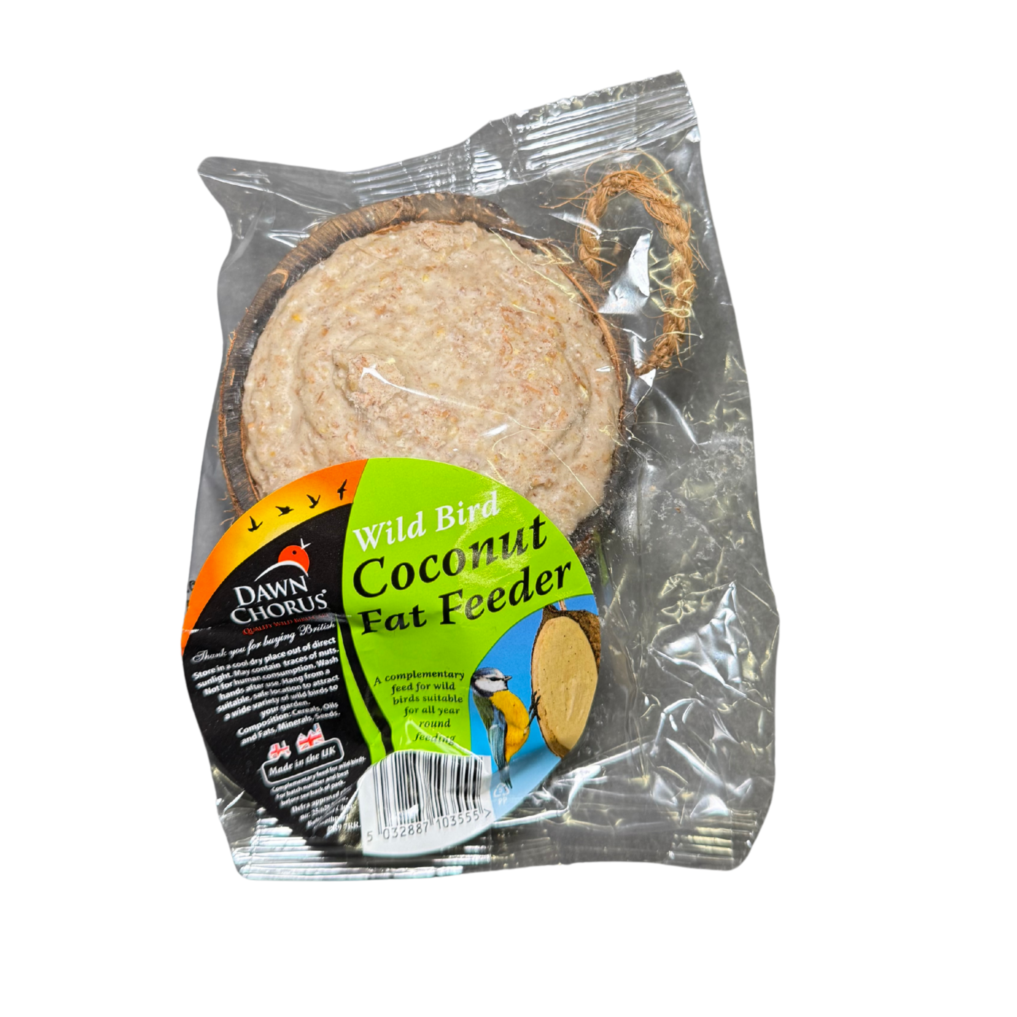 Packaged wild bird coconut fat feeder with visible label on a white background