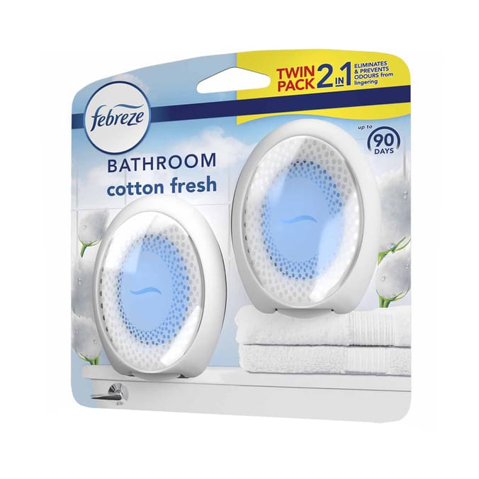 Febreze bathroom freshener twin pack with cotton fresh scent on a white background