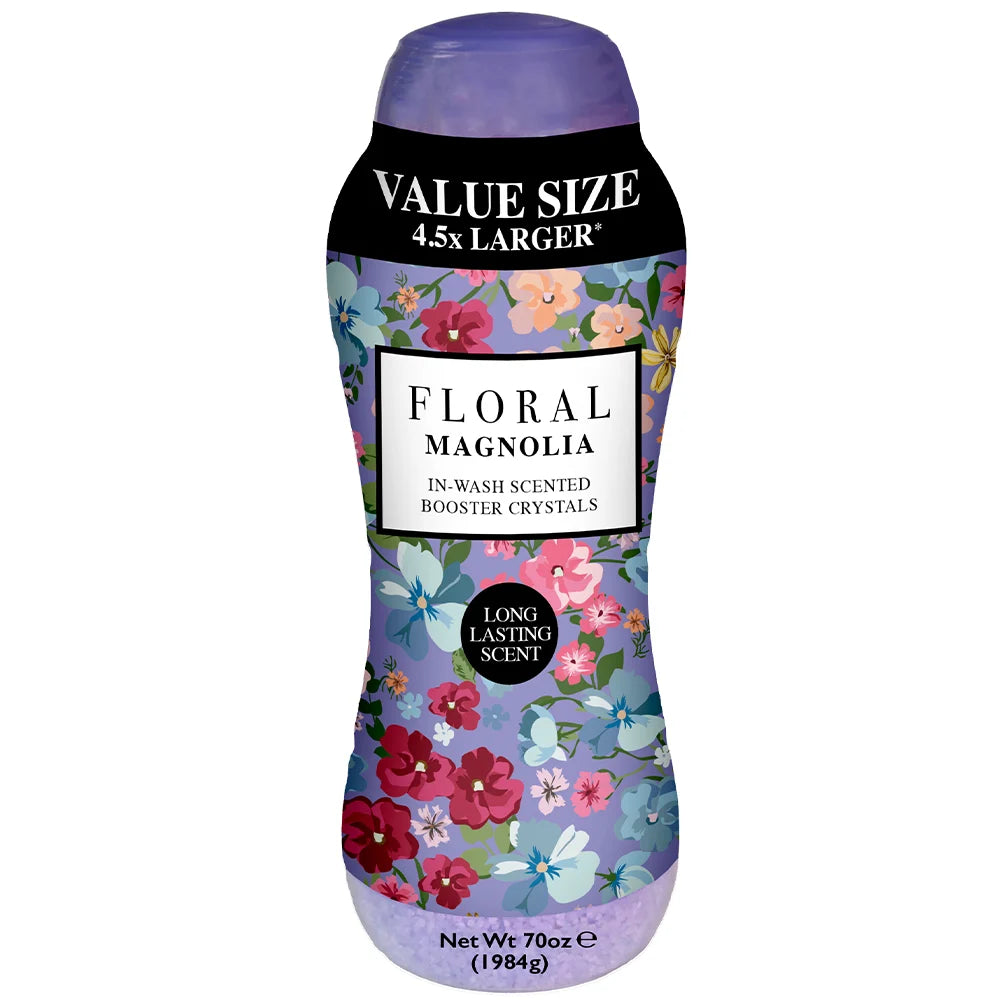 Bottle of floral magnolia scented booster crystals with a colorful label on a white background