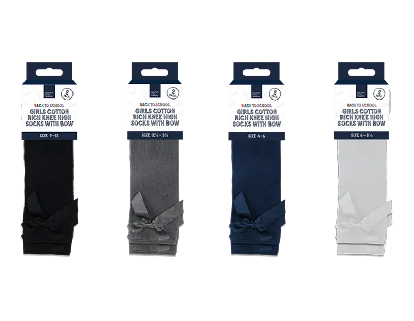Girls Cotton Rich Knee Socks with Bow 2pk