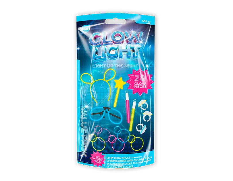 Glow stick kit packaging with various glow sticks on a white background