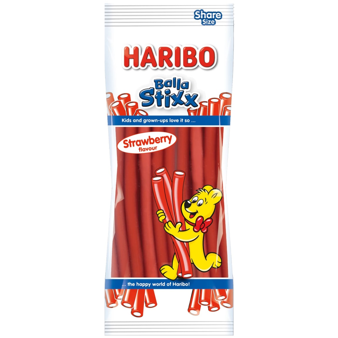 Haribo Bella Stixx strawberry flavor package with cartoon character on a white background