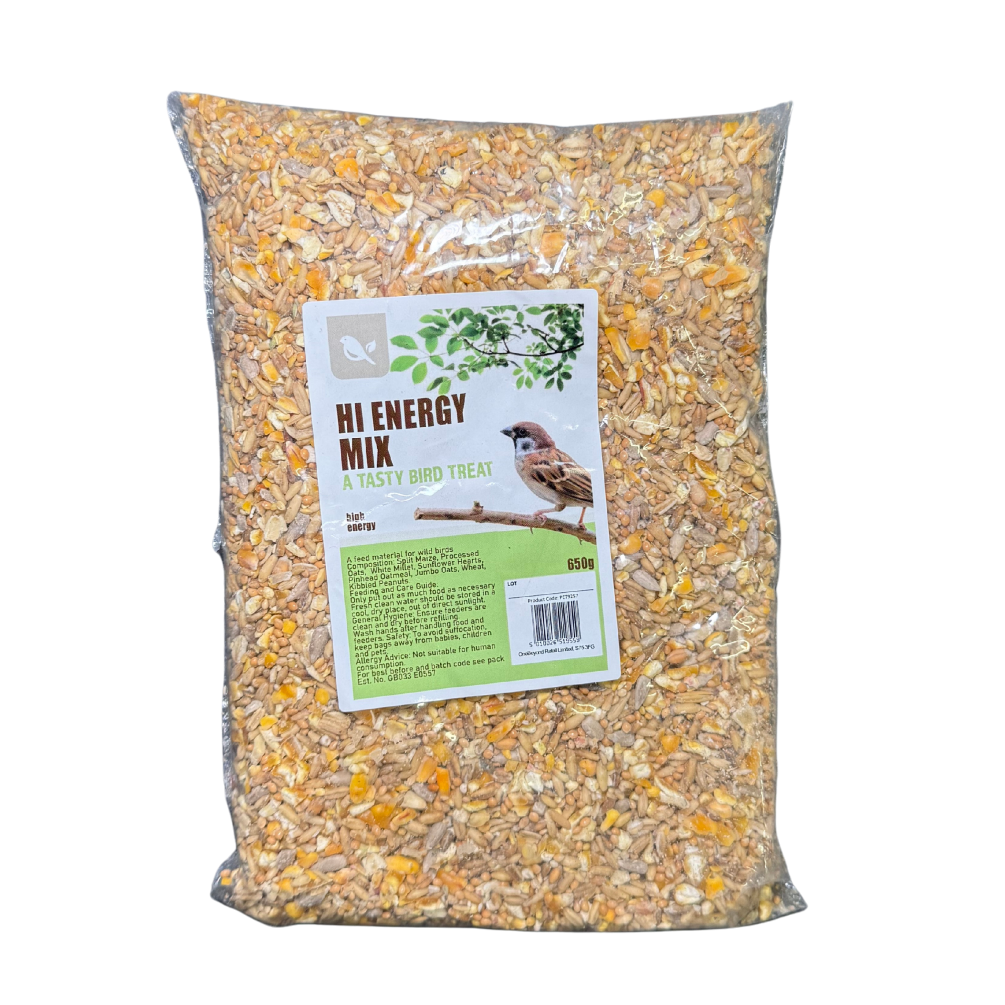 Bag of Hi Energy Mix bird seed with a label on a white background