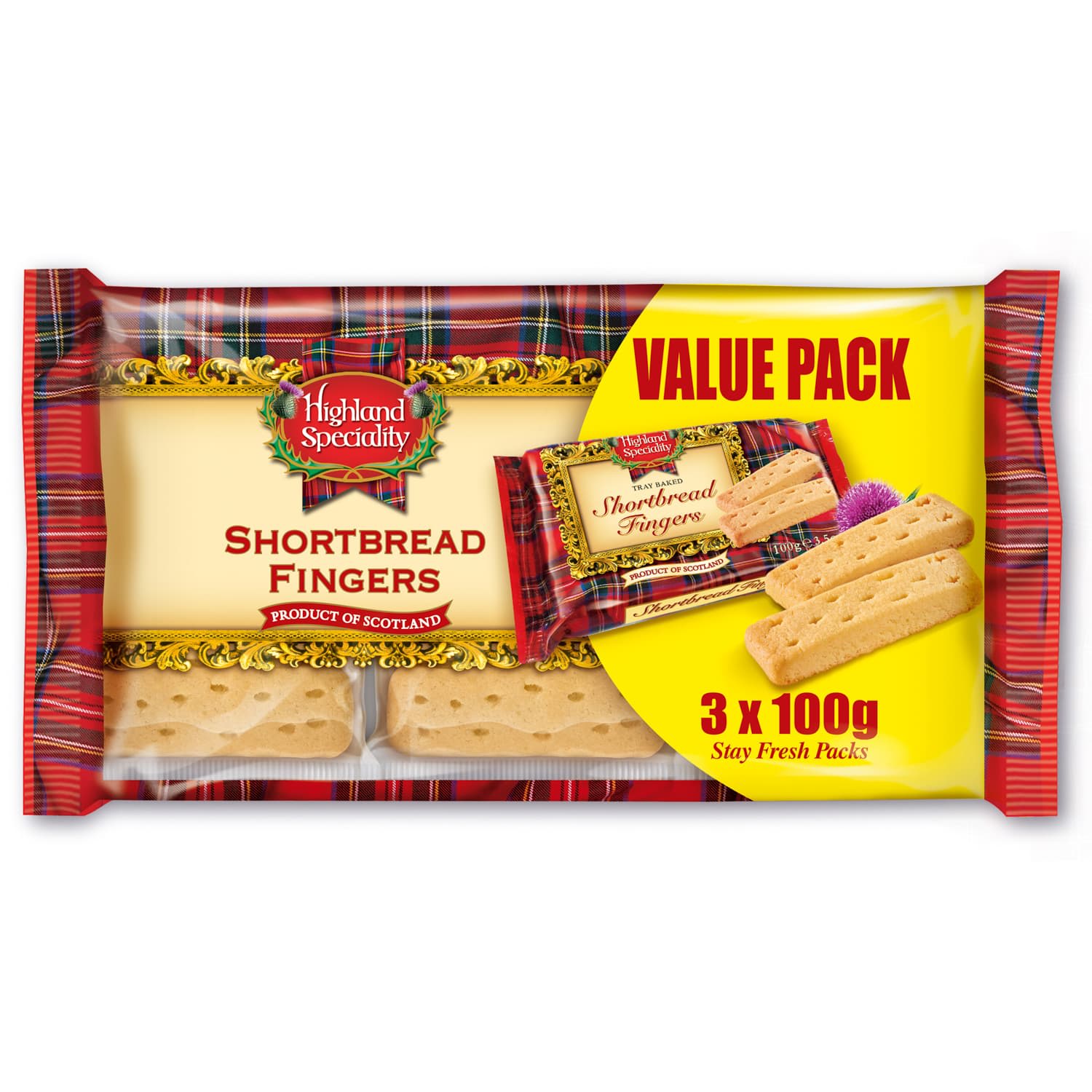 Packaged Highland Shortbread Fingers with plaid design on a white background