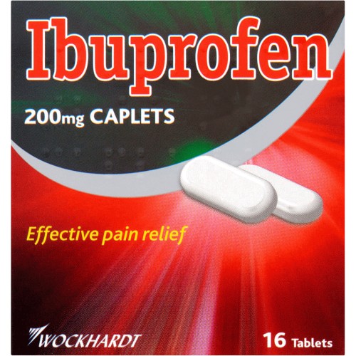 Ibuprofen 200mg caplets packaging with Wockhardt branding on a red background