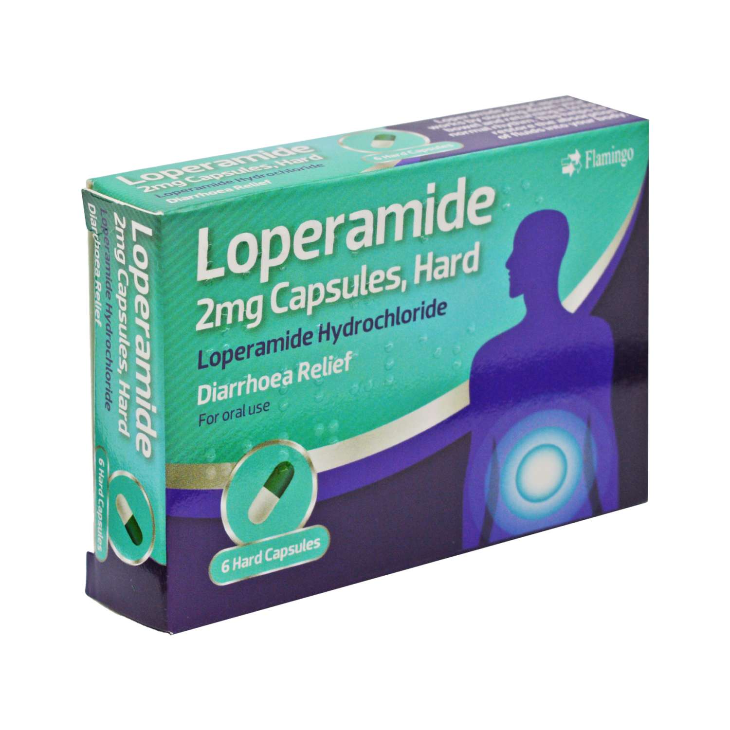 Box of Loperamide capsules with a person in a wheelchair on a white background
