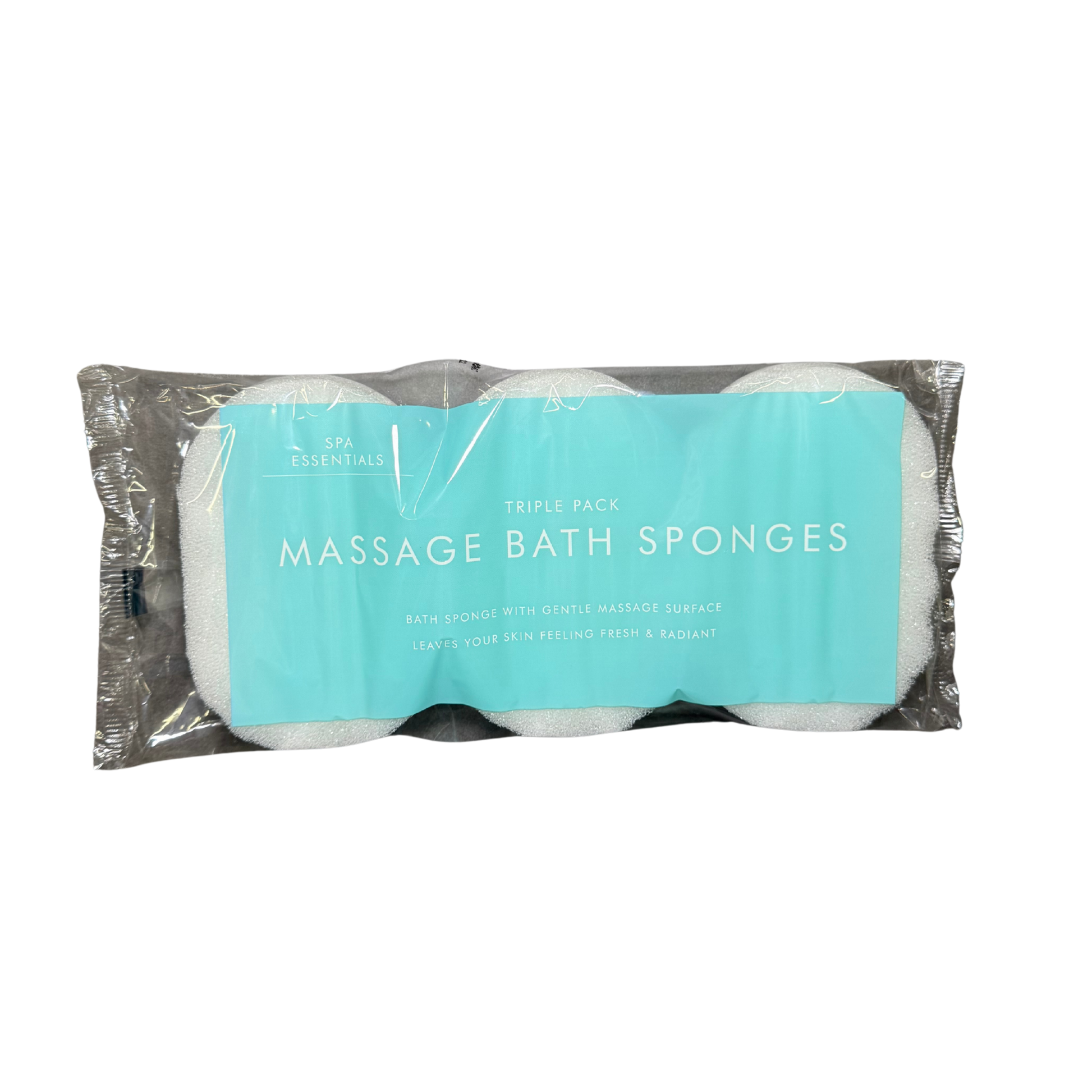Pack of three massage bath sponges with a clear plastic wrap on a white background