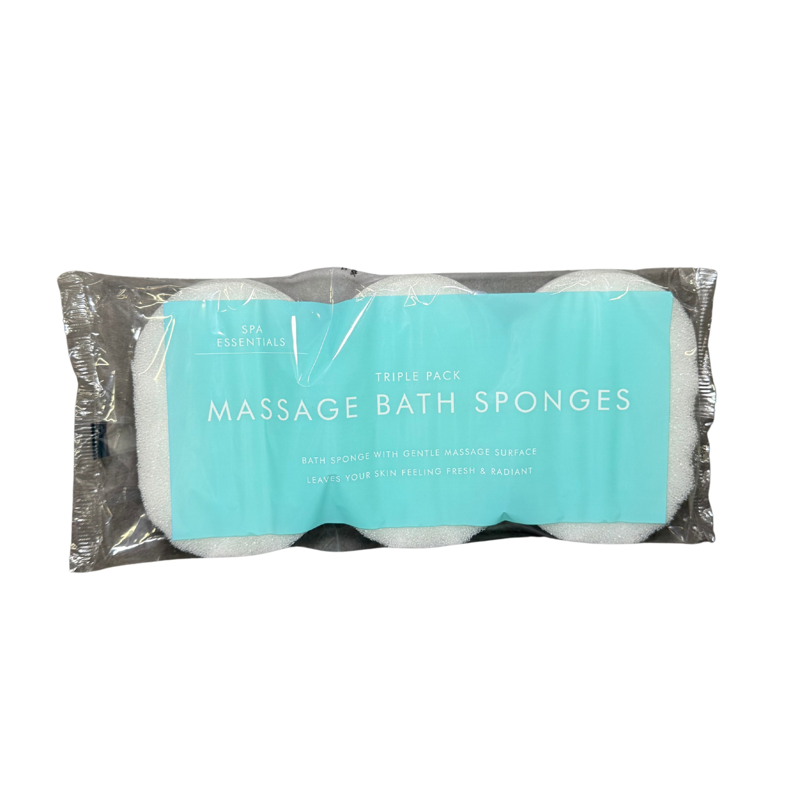 Pack of three massage bath sponges with a clear plastic wrap on a white background