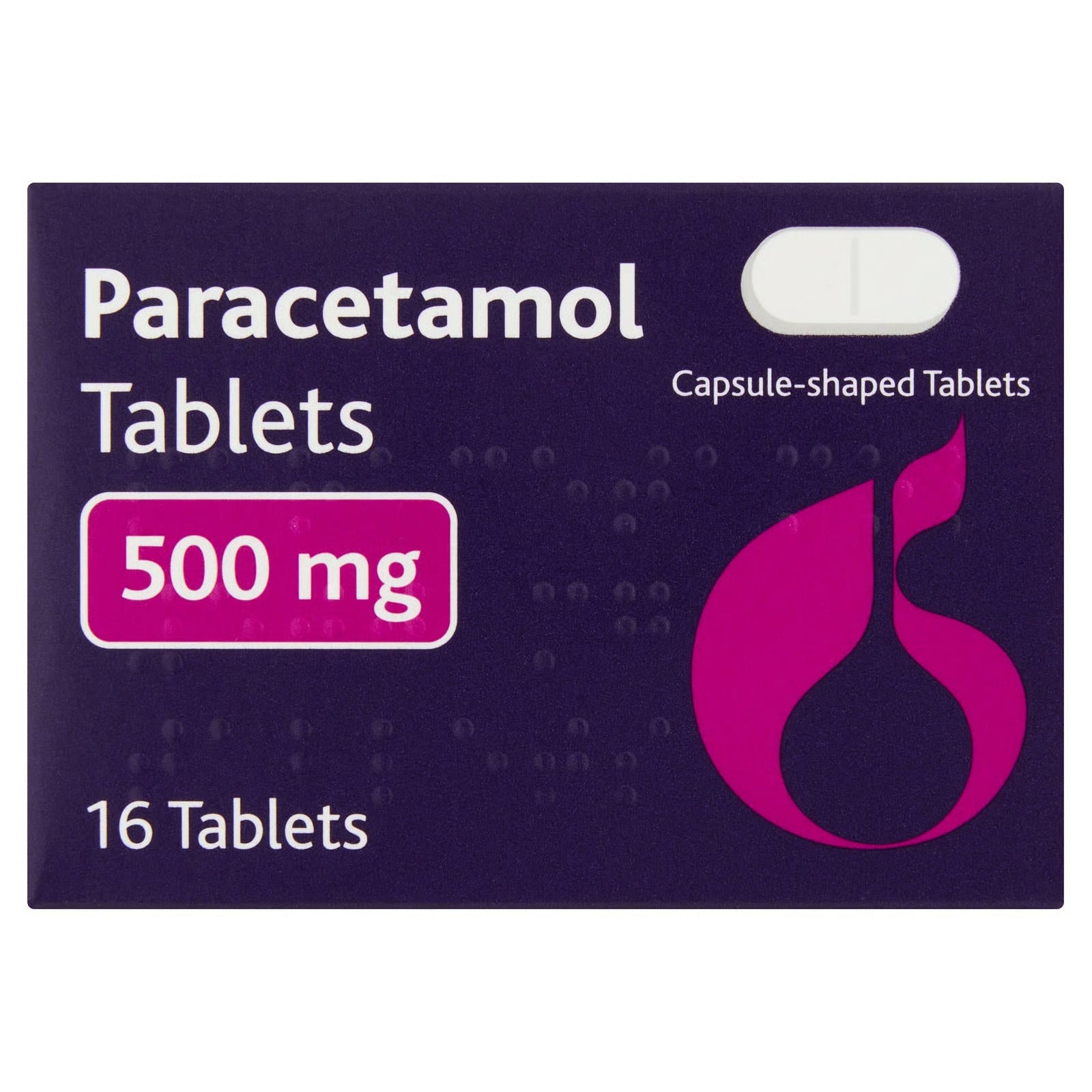 Box of Paracetamol tablets with 500 mg strength on a purple background