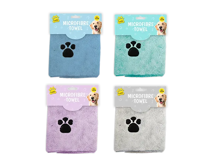 Four microfibre towels in different colors with paw prints on packaging, displayed against a white background.