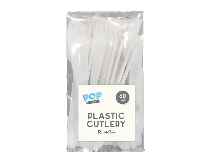 Reusable Plastic White Cutlery 60pk