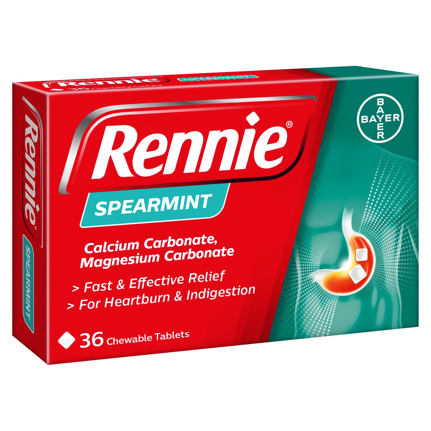 Rennie Heartburn & Indigestion Relief Chewable Tablets Spearmint 36pk