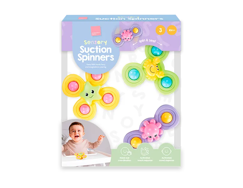 Packaging of Suction Spinners with colorful designs on a white background