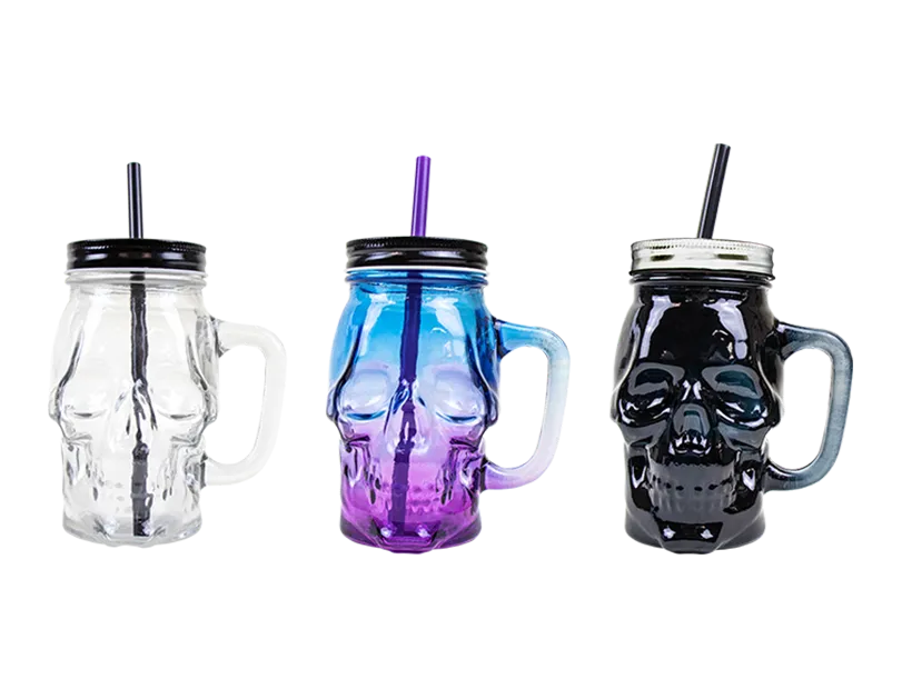 Skull Glass Jar With Lid & Straw