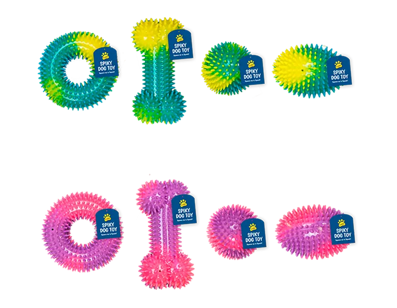 Colorful spiky dog toys with 'Spiky Dog Toy' labels on a white background