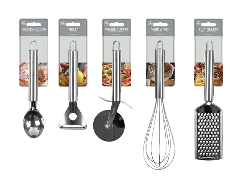 Set of kitchen utensils with their packaging on a white background