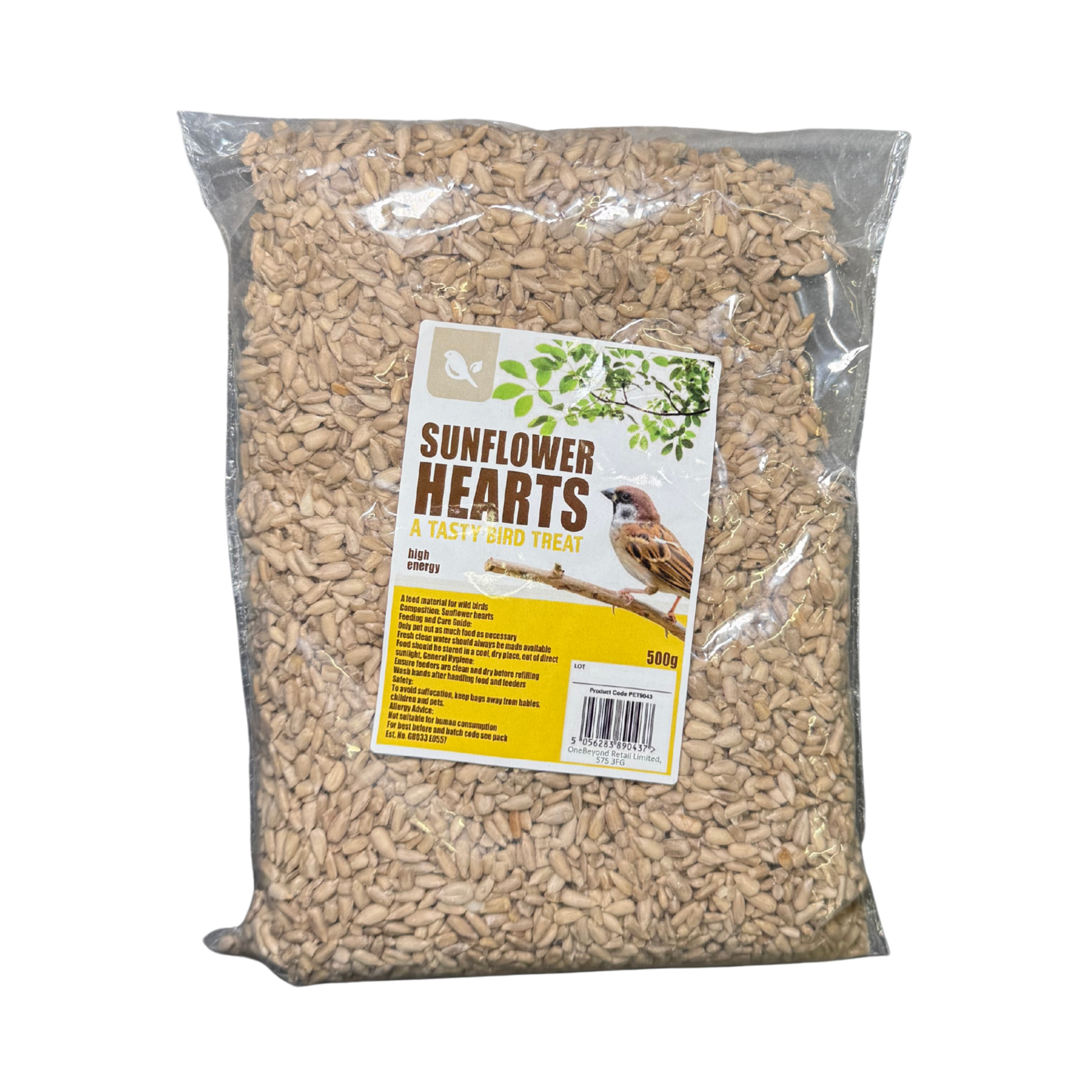 Bag of sunflower hearts with a label on a white background