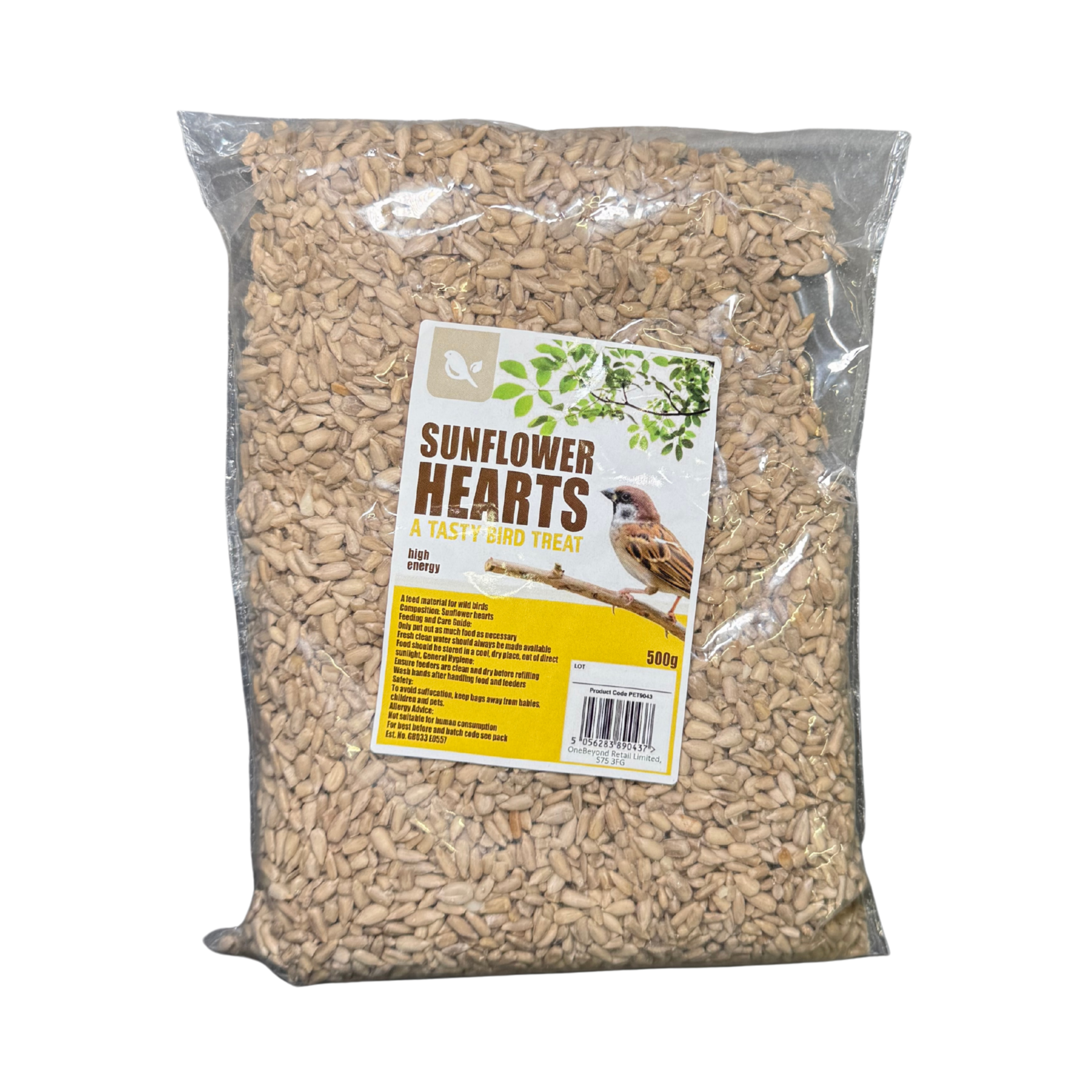 Bag of sunflower hearts with a label on a white background