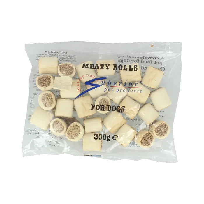 Pack of 'Meaty Rolls' for dogs by Superior Pet Products on a white background