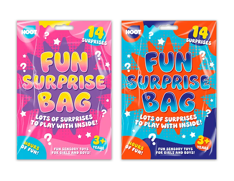 Two 'Fun Surprise Bag' packages, one pink and one blue, on a white background.