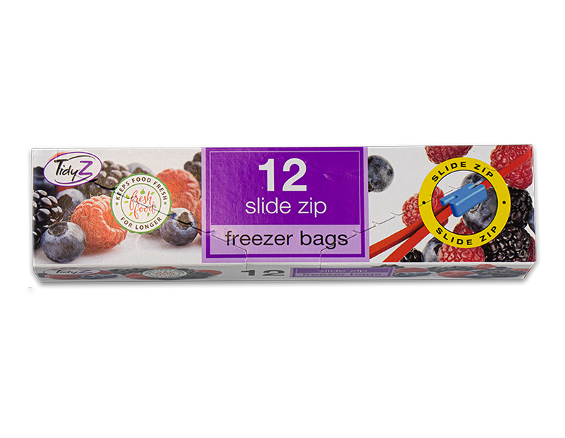 Box of TidyZ slide zip freezer bags with images of fruits and vegetables on a white background