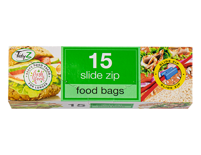 Box of Tidy Z slide zip food bags with images of food on a white background