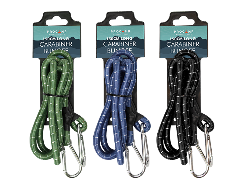 Three Procamp carabiner bungees in green, blue, and black packaging on a white background.