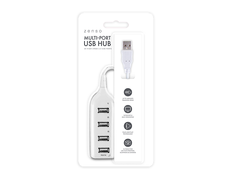 Zenso multi-port USB hub packaging on a white background