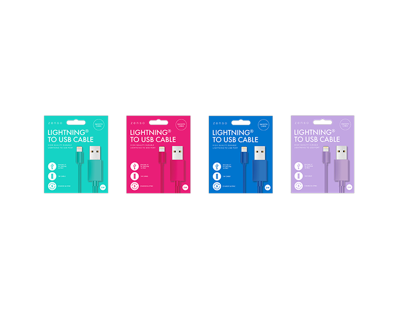 Four packaging designs of Lightning to USB cables in different colors on a white background.