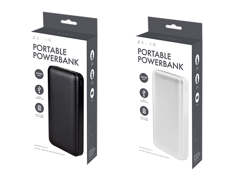 Two packaging designs of a portable power bank, one black and one white, on a white background.