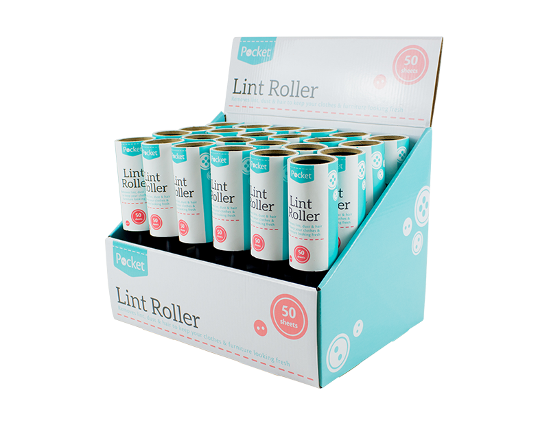 Display of lint rollers with packaging on a white background