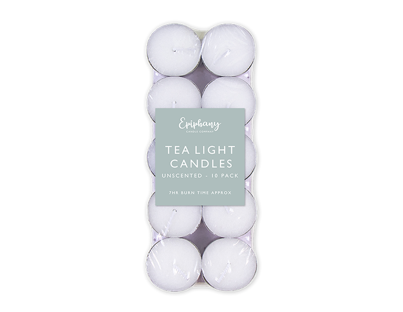 Pack of white tea light candles with a green label on a white background