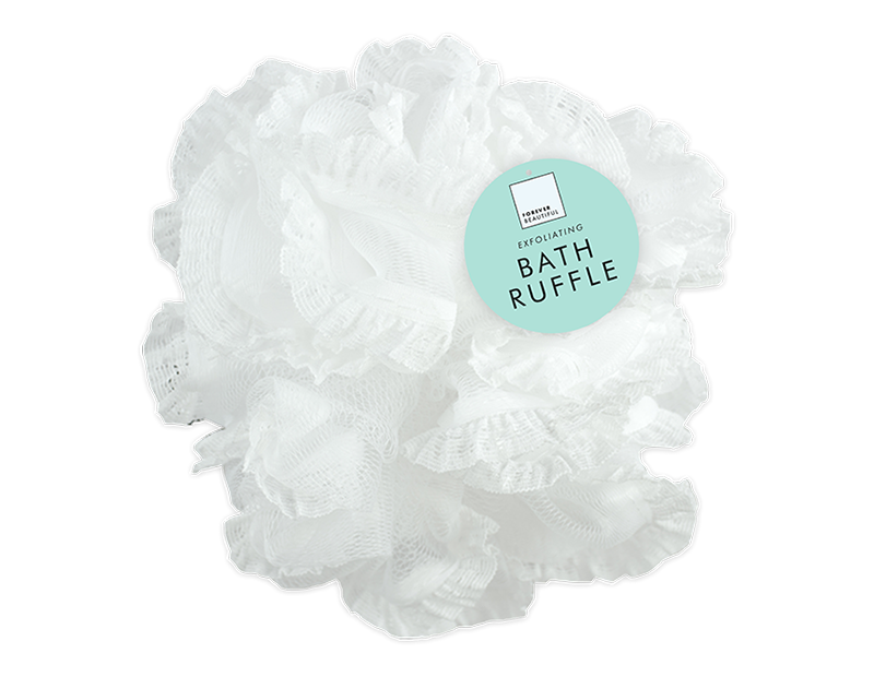 White bath ruffle with a label on a white background