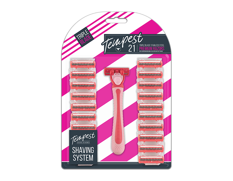 Tempest shaving system packaging with pink razor and cartridges on a white background
