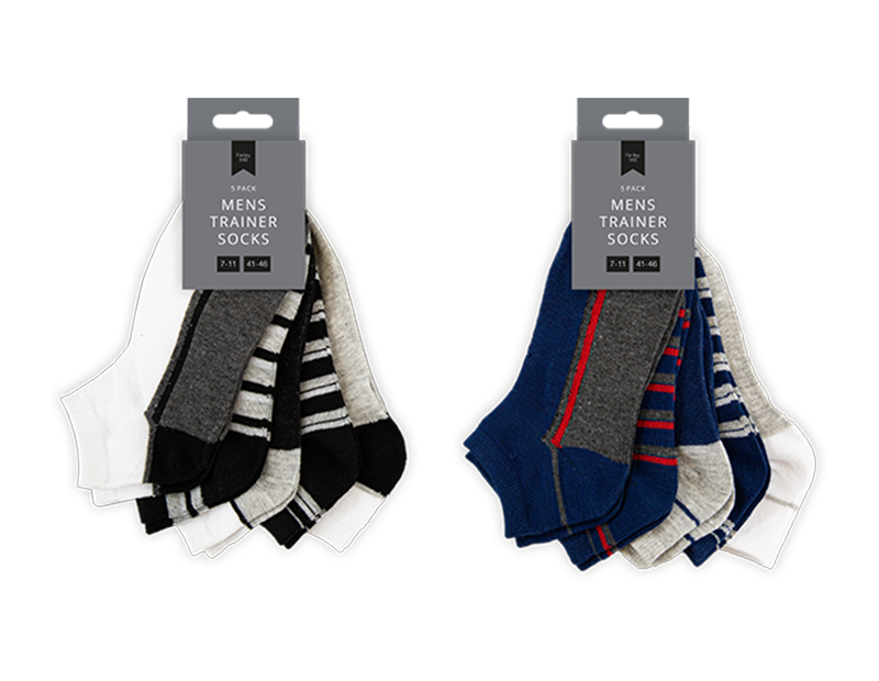 Two packages of men's trainer socks with different color schemes on a white background.