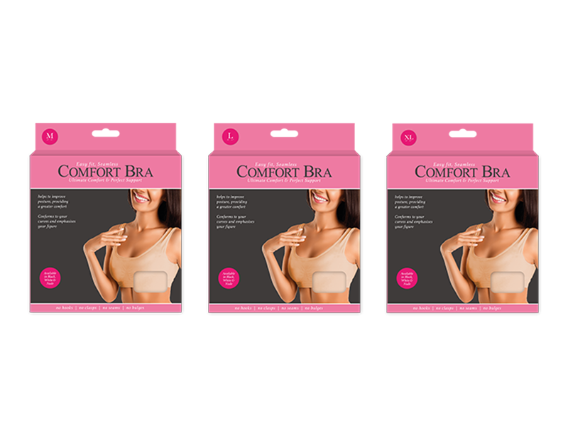 Three boxes of Comfort Bra packaging on a white background