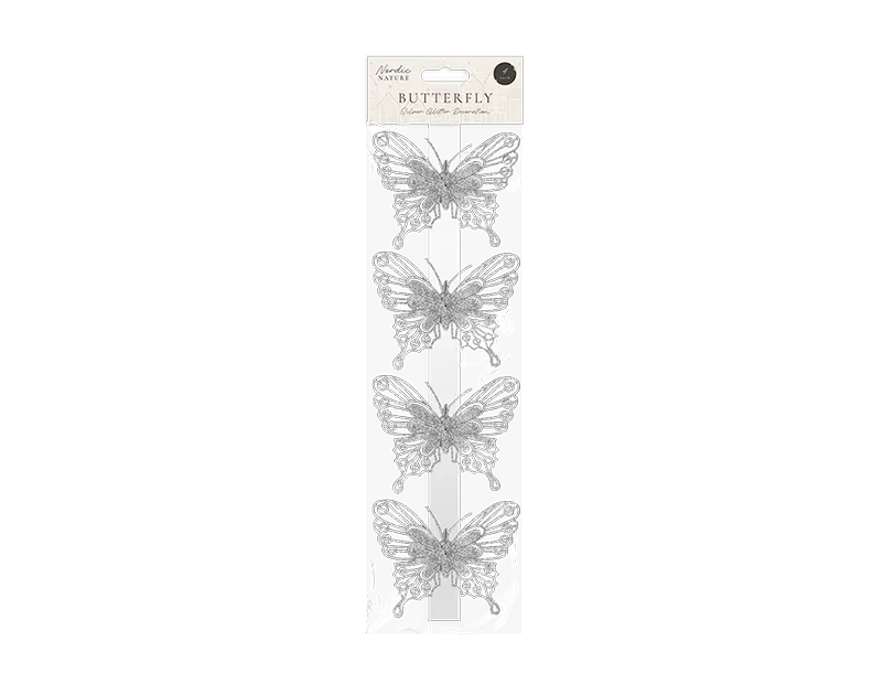 Silver Glittered Butterfly Decorations 4pk