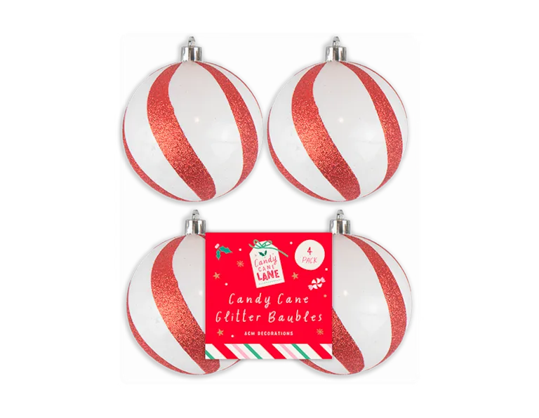 Candy Cane Glitter Baubles 4pk