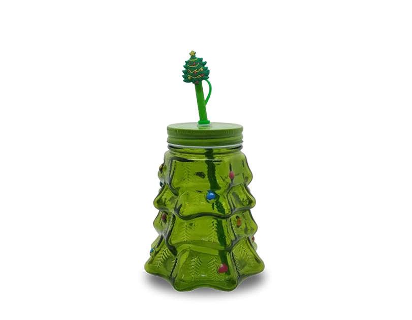 Christmas Tree Glass Cup & Straw 550ml